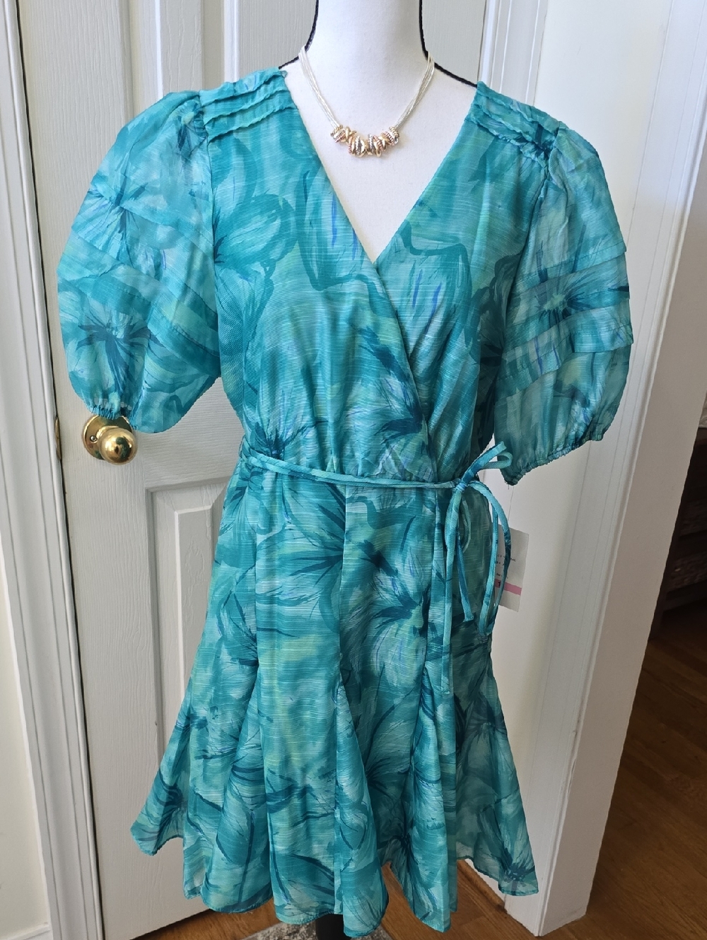 MAISON TARA BRAND WOMEN'S SHORT AQUA TEAL SHORT SLEEVES DRESS SIZE 10